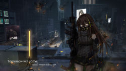 Rule 34 | 1girl, arm guards, armband, artist name, assault rifle, bad id, bad pixiv id, black shorts, breasts, brown hair, building, cello, character name, city, cityscape, clothes around waist, explosion, fire, gas mask, girls&#039; frontline, gloves, glowing, glowing eyes, glowstick, green hair, gun, hair between eyes, headphones, highres, holding, holding gun, holding weapon, instrument, jacket, jacket around waist, lamppost, lights, long hair, looking at viewer, m4 carbine, m4a1 (girls&#039; frontline), m4a1 (mod3) (girls&#039; frontline), mask, mod3 (girls&#039; frontline), multicolored hair, multiple views, night, piano, ribbed legwear, ribbed sweater, rifle, rooftop, scarf, scenery, screen, short shorts, shorts, sidelocks, single thighhigh, skull print, strap, streaked hair, sweater, sweater vest, thighhighs, weapon, yuuki mix