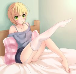 Rule 34 | 1girl, bad id, bad pixiv id, bare shoulders, barefoot, bed, blonde hair, collarbone, feet, garter straps, green eyes, highres, leg lift, legs, lips, myg, off shoulder, original, pillow, short hair, single thighhigh, sitting, skirt, solo, sweater, thighhighs, toes, white thighhighs