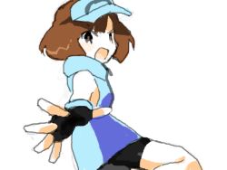 Rule 34 | &gt;:o, 1girl, :o, ace trainer (pokemon), bad drawr id, bad id, bare shoulders, bike shorts, black eyes, black gloves, blue dress, blue hat, blush, breasts, brown hair, creatures (company), dress, fingerless gloves, game freak, gloves, hat, looking at viewer, looking back, nintendo, npc trainer, oekaki, oimo (14sainobba), open mouth, pokemon, pokemon sm, short dress, short hair, simple background, sleeveless, sleeveless dress, small breasts, solo, v-shaped eyebrows, visor cap, white background