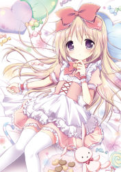 Rule 34 | 1girl, blush, bow, bowtie, candy, candy cane, cookie, dress, finger to own chin, floral print, food, hair bow, heart, knees together feet apart, light brown hair, lollipop, long hair, looking at viewer, lying, nanase miori, on back, original, pink bow, pink bowtie, pink dress, puffy short sleeves, puffy sleeves, purple eyes, red bow, red wristband, short sleeves, solo, stuffed animal, stuffed rabbit, stuffed toy, thighhighs, white thighhighs