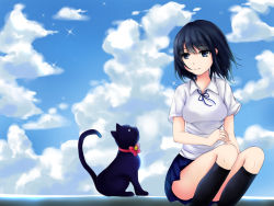 Rule 34 | 1girl, absurdres, bad id, bad pixiv id, bell, black hair, black socks, blue eyes, blue ribbon, blue skirt, blue sky, breasts, cat, closed mouth, cloud, cloudy sky, collared shirt, day, highres, jingle bell, kneehighs, legs together, looking at another, medium breasts, original, outdoors, piuta, pleated skirt, ribbon, school uniform, shirt, short sleeves, sitting, skirt, sky, smile, socks, solo, sparkle, white shirt, wing collar