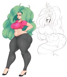 Rule 34 | 1girl, ass, boa sandersonia, breasts, butt crack, green eyes, green hair, highres, huge ass, large breasts, long hair, matching hair/eyes, monster girl, one piece, plump, solo, standing, sunnysundown, thick thighs, thighs, wide hips