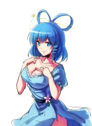 Rule 34 | 1girl, blue eyes, blue hair, breasts, cleavage, collarbone, flower, hair ornament, hair rings, hair stick, hands on own chest, highres, kaku seiga, koissa, looking at viewer, matching hair/eyes, short hair, short sleeves, simple background, sketch, smile, solo, touhou, white background