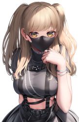 Rule 34 | 1girl, absurdres, arm behind back, belt, black belt, blonde hair, bracelet, breasts, chain, highres, jewelry, large breasts, long hair, looking at viewer, mask, mouth mask, nijisanji, ring, simple background, sister claire, sister claire (9th costume), solo, suraimu (suraimuraimu), two side up, virtual youtuber, white background, yellow eyes