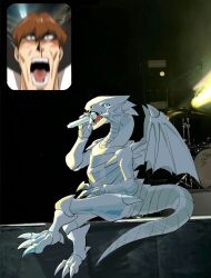 1boy blue-eyes_white_dragon blush drum drum_set duel_monster fan_screaming_at_madison_beer_(meme) hand_on_lap highres holding holding_microphone instrument jiangbao1500 kaiba_seto meme microphone motion_blur music open_mouth photo_background short_hair shouting singing stage yu-gi-oh! yu-gi-oh!_duel_monsters