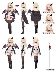 Rule 34 | 1girl, absurdres, bat wings, black footwear, black gloves, black jacket, black thighhighs, black wings, blonde hair, blush, boots, breasts, character sheet, cleavage, dress, elbow gloves, fingerless gloves, garter straps, gloves, highres, jacket, kou mariya, kujou ichiso, large breasts, long hair, multicolored hair, multiple views, official art, open clothes, open jacket, open mouth, pink hair, pointy ears, purple eyes, purple wings, rapier, second-party source, streaked hair, swept bangs, sword, thighhighs, v4mirai, weapon, white dress, wings