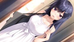 Rule 34 | 1girl, akebi saki, amaemi-longing for you-, black hair, blush, breasts, carrying over shoulder, dress, dutch angle, female focus, game cg, highres, indoors, large breasts, long hair, looking at viewer, open mouth, original, oryo (oryo04), pink eyes, solo, standing, white dress