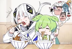 Rule 34 | 2girls, animal ears, arm around shoulder, bowl, cevio, chopsticks, closed eyes, commentary, curry udon, eating, food, green hair, kafu (cevio), long hair, low twintails, meme, multiple girls, neta, noodles, open mouth, orange range, shirt, short hair, soup, soyaka, sushi tabetai, thought bubble, triangle hair ornament, twintails, udon, voicevox, white hair, white shirt, zundamon