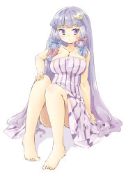 Rule 34 | 1girl, arnest, bare shoulders, barefoot, blue bow, blue ribbon, bow, breasts, cleavage, crescent, crescent hair ornament, dress, hair bow, hair ornament, hat, hat ribbon, highres, large breasts, long hair, looking at viewer, patchouli knowledge, purple eyes, purple hair, red bow, red ribbon, ribbon, solo, strapless, strapless dress, striped clothes, striped dress, touhou, very long hair