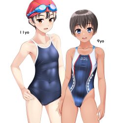 Rule 34 | 2girls, absurdres, black hair, black one-piece swimsuit, blue eyes, blue one-piece swimsuit, brown eyes, cameltoe, collarbone, commentary request, competition school swimsuit, competition swimsuit, covered navel, feet out of frame, flat chest, goggles, goggles on head, hand on own hip, highres, long hair, multicolored clothes, multicolored swimsuit, multiple girls, one-piece swimsuit, open mouth, original, red headwear, round teeth, school swimsuit, short hair, simple background, smile, standing, starting block, striped clothes, striped one-piece swimsuit, swim cap, swimsuit, takafumi, teeth, tomboy, upper teeth only, variant set, vertical-striped clothes, vertical-striped one-piece swimsuit, white background