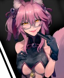Rule 34 | 1girl, animal ear fluff, animal ears, bare arms, bare shoulders, black gloves, breasts, character cutout, china dress, chinese clothes, dress, fangs, fate/grand order, fate (series), fox ears, fox tail, glasses, gloves, hair between eyes, hand on own chest, holding, jewelry, koyanskaya (chinese lostbelt outfit) (fate), koyanskaya (fate), large breasts, lips, looking at viewer, looking over eyewear, medium hair, orange eyes, pink hair, smile, solo, tail, tamamo (fate), twintails, underboob, walzrj