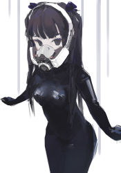 Rule 34 | 1girl, absurdres, black eyes, bodysuit, brown hair, gas mask, highres, latex, latex bodysuit, long hair, mask, original, sketch, solo, tight clothes, twintails, zygocactus