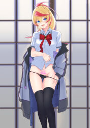 Rule 34 | 1girl, :d, akira miku ver, black panties, black thighhighs, blonde hair, blue eyes, bow, bowtie, collared shirt, dress shirt, hair between eyes, highres, long hair, looking at viewer, multicolored hair, open mouth, original, panties, panty pull, pubic tattoo, pulling own clothes, red bow, red bowtie, red hair, shirt, side-tie panties, smile, solo, standing, tattoo, thigh gap, thighhighs, two-tone hair, underwear, white shirt, wing collar