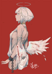 Rule 34 | 1girl, angel, angel wings, back, bare shoulders, bleeding, blood, bloody wings, blue eyes, chain, cuffs, dated, feathers, film grain, fingernails, halo, highres, low wings, mini wings, original, parted lips, qtian, red background, shackles, short hair, signature, simple background, solo, tattoo, white hair, wings