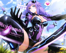 Rule 34 | 1girl, black leotard, black thighhighs, blue eyes, blurry, blush, braid, breasts, cameltoe, choujigen game neptune, city, cleavage, cleavage cutout, closed mouth, clothing cutout, cloud, depth of field, female focus, floating hair, flower, from below, grass, hairpods, head tilt, headgear, heart, highres, interface, large breasts, leotard, long hair, looking down, low-tied long hair, navel, neck, neptune (neptunia), neptune (series), obaoba (monkeyix), outdoors, power symbol-shaped pupils, purple hair, purple heart (neptunia), revealing clothes, see-through, shiny clothes, skin tight, sky, smile, solo, spoken heart, spread legs, squatting, symbol-shaped pupils, thighhighs, twin braids