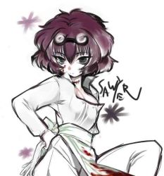 Rule 34 | 1girl, apron, artist request, black lagoon, blood, blood on face, blood on clothes, breasts, gloves, unworn gloves, goggles, goggles on head, purple hair, rubber gloves, frederica sawyer, scar, short hair, small breasts, solo, waist apron