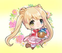 Rule 34 | 1girl, blonde hair, blue eyes, blush, boots, brown footwear, c:, cake, cake slice, chibi, closed mouth, commentary, crown, dress, eyelashes, eyes visible through hair, fish, floral print, flower wreath, food, frilled dress, frilled sleeves, frills, hair between eyes, happy, heterochromia, highres, holding, holding plate, kazamatsuri institute high school uniform, long hair, looking at viewer, making-of available, may salamanya, mini crown, nakatsu shizuru, neck ribbon, pantyhose, pink dress, plate, red ribbon, rewrite, ribbon, school uniform, short dress, simple background, smile, solo, standing, twintails, very long hair, white pantyhose, wide sleeves, yellow background, yellow eyes