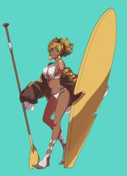 Rule 34 | 1girl, :d, alolan form, alolan raichu, aqua background, artist request, barefoot, black jacket, blonde hair, blue eyes, breasts, creatures (company), dark-skinned female, dark skin, earrings, full body, game freak, ganguro, gen 7 pokemon, gold earrings, hair up, highres, holding, holding oar, jacket, jewelry, lipstick, looking at viewer, makeup, medium breasts, medium hair, nail polish, navel, nintendo, o-ring, oar, off shoulder, open mouth, parted bangs, personification, pokemon, pokemon sm, sideboob, smile, solo, standing, surfboard, tattoo, yellow nails