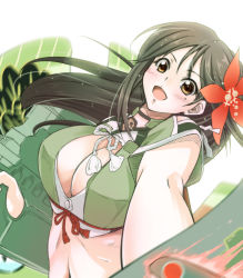 Rule 34 | 10s, 1girl, :d, amagi (kancolle), blush, breasts, brown eyes, brown hair, cleavage, cleavage cutout, clothing cutout, female focus, flower, hair flower, hair ornament, highres, kantai collection, large breasts, looking at viewer, mole, mole under eye, navel, open mouth, ponytail, simple background, smile, solo, tsukineko