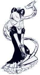 Rule 34 | 1girl, dress, female focus, hair down, hair over one eye, highres, leviathan (skullgirls), monochrome, skullgirls, solo, squigly (skullgirls), stitched mouth, stitches, white background, zombie