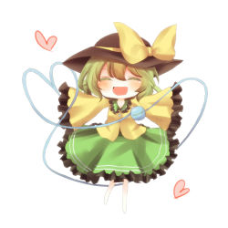 Rule 34 | 1girl, bad id, bad pixiv id, blush, chibi, closed eyes, female focus, green hair, heart, heart of string, komeiji koishi, open mouth, outstretched arms, pasutel, shirt, skirt, smile, solo, third eye, touhou