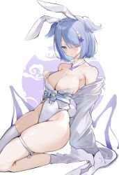 Rule 34 | 1girl, animal ears, bare shoulders, blue eyes, blue hair, breasts, cleavage, dragon girl, elira pendora, fake animal ears, hair ornament, hair over one eye, hair wings, highres, japanese clothes, kimono, large breasts, leotard, nijisanji, nijisanji en, oimo 0imo, playboy bunny, purple eyes, rabbit ears, short hair, single thighhigh, solo, thick thighs, thighhighs, thighs, virtual youtuber, white background, x hair ornament