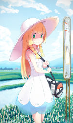 Rule 34 | 1girl, bag, bare arms, bare shoulders, blonde hair, blue sky, blunt bangs, braid, closed mouth, cloud, cloudy sky, collarbone, collared dress, creatures (company), day, dress, duffel bag, game freak, green eyes, handbag, hat, highres, lillie (pokemon), long hair, looking at viewer, nintendo, outdoors, poke ball theme, pokemon, pokemon sm, see-through, sign, sky, sleeveless, sleeveless dress, smile, solo, standing, sun hat, sundress, tadano omake, twin braids, white dress, white hat