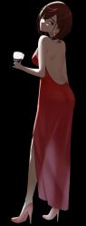 1girl artist_request ayase_momo back black_background brown_hair cup dandadan dress drinking_glass earrings high_heels highres jewelry looking_at_viewer red_dress see-through_clothes see-through_dress short_hair solo stiletto_heels tagme wine_glass