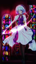 Rule 34 | 1girl, absurdres, bad id, bad pixiv id, black pantyhose, braid, embodiment of scarlet devil, female focus, highres, indoors, inu3, izayoi sakuya, knife, maid, maid headdress, pantyhose, red eyes, silver hair, solo, stained glass, throwing knife, touhou, twin braids, weapon