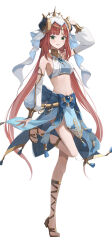 Rule 34 | 1girl, arm at side, arm up, bad id, bad twitter id, bare shoulders, blue bow, blue gemstone, blue skirt, bow, bracer, breasts, brooch, circlet, clothing cutout, commentary, crop top, dancer, detached sleeves, fake horns, feet, full body, gem, genshin impact, gladiator sandals, gold trim, green eyes, harem outfit, high heels, highres, horns, invisible floor, jewelry, legs, long hair, long legs, long sleeves, looking at viewer, low twintails, medium breasts, navel, neck ring, nilou (genshin impact), parted bangs, parted lips, pelvic curtain, puffy long sleeves, puffy sleeves, red hair, sandals, sideboob, sidelocks, skirt, smile, solo, standing, standing on one leg, stomach, tachi-e, tassel, toes, twintails, two-tone shirt, veil, very long hair, white headwear, yuzu-aki
