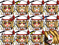 Rule 34 | 1girl, ^ ^, angry, ascot, bad id, bad pixiv id, blonde hair, blush, closed eyes, crazy eyes, embarrassed, evil grin, evil smile, expressions, closed eyes, faceset, fang, female focus, flandre scarlet, grin, hat, higurashi no naku koro ni, kisaragi zwei, o o, open mouth, parody, red eyes, ryuuguu rena, short hair, side ponytail, smile, tears, touhou, wings, yandere