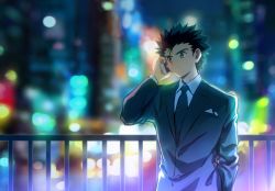 Rule 34 | 1boy, black hair, brown eyes, city, city lights, fence, formal, ging freecss, holding, holding phone, hunter x hunter, luclu03, male focus, night, open mouth, phone, solo, suit, talking on phone