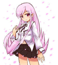 Rule 34 | 00s, 1girl, black bow, black skirt, blouse, bow, cherry blossoms, legs, looking at viewer, lowres, lucy maria misora, pink eyes, pink hair, shirt, skirt, solo, to heart (series), to heart 2, white shirt, yn1982