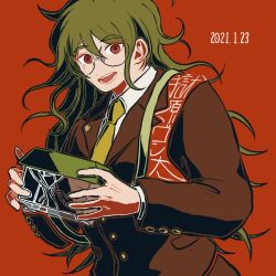 Rule 34 | 1boy, :d, brown jacket, collared shirt, commentary request, danganronpa (series), danganronpa v3: killing harmony, dated, glasses, gokuhara gonta, green hair, hair between eyes, happy, holding, insect cage, jacket, kiri (2htkz), long hair, long sleeves, looking at viewer, male focus, messy hair, necktie, open mouth, orange background, red background, red eyes, rimless eyewear, round eyewear, shirt, simple background, smile, solo, teeth, translation request, upper body, white shirt