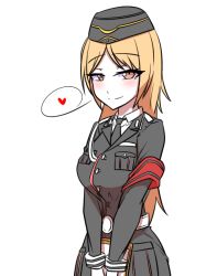 Rule 34 | 1girl, alternate hair length, alternate hairstyle, armband, black necktie, blonde hair, blush, breast pocket, breasts, brown eyes, classic7, collared shirt, cowboy shot, garrison cap, girls&#039; frontline, hat, heart, large breasts, long hair, looking at viewer, mp40 (girls&#039; frontline), necktie, pocket, red armband, shirt, smile, solo focus, spoken heart, uniform, white background, white shirt