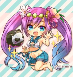 Rule 34 | 1girl, :d, bad id, bad pixiv id, bare arms, bare shoulders, barefoot, blue eyes, blue hair, blue shorts, blush, bracelet, commentary request, crop top, diagonal stripes, flower, full body, gradient hair, hair between eyes, hair flower, hair ornament, jewelry, lakshmi (p&amp;d), long hair, mashiro miru, midriff, multicolored hair, navel, open mouth, puffy shorts, purple flower, purple hair, puzzle &amp; dragons, shirt, shorts, sidelocks, sleeveless, sleeveless shirt, smile, solo, sparkle, striped, striped background, thigh strap, twintails, twitter username, very long hair, white flower, white shirt
