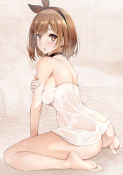 Rule 34 | 1girl, absurdres, ass, atelier (series), atelier ryza, barefoot, black choker, black hairband, breasts, brown eyes, brown hair, choker, commentary, earrings, feet, from side, gs (onsen syndicate), hairband, hand on own arm, highres, holding own arm, jewelry, large breasts, legs, light blush, looking to the side, naked towel, open mouth, reisalin stout, sideboob, single earring, sitting, soles, solo, star (symbol), star earrings, toes, towel, wariza, wet towel
