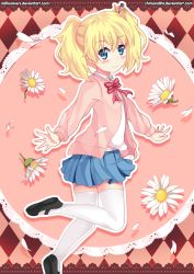 Rule 34 | 10s, 1girl, alice cartelet, argyle, argyle background, argyle clothes, artist name, black footwear, blonde hair, blue eyes, blue skirt, blush, border, bow, bowtie, cardigan, chrisandita, flower, hair ornament, highres, kin-iro mosaic, lace, lace background, lace border, long sleeves, looking at viewer, mary janes, ornate border, outline, petals, pink background, pleated skirt, red bow, red bowtie, ribbon, school uniform, shirt, shoes, skirt, smile, solo, striped bow, striped bowtie, striped clothes, striped neckwear, thighhighs, twintails, watermark, web address, white thighhighs, wing collar