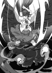 Rule 34 | 2girls, angeldust, arm cannon, arms up, bird wings, bow, braid, breasts, cape, cat tail, closed mouth, collared shirt, commentary request, control rod, dress, extra ears, floating skull, frilled dress, frilled shirt collar, frilled skirt, frills, full body, greyscale, hair between eyes, hair bow, high heels, highres, kaenbyou rin, large breasts, leg ribbon, long hair, long sleeves, looking at viewer, medium bangs, monochrome, multiple girls, multiple tails, navel, open mouth, puffy short sleeves, puffy sleeves, reiuji utsuho, ribbon, shirt, short sleeves, skirt, skull, smile, tail, textless version, third eye, touhou, twin braids, weapon, wings
