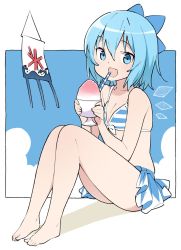 Rule 34 | 1girl, blue eyes, blue hair, cirno, food, highres, ice, ice cream, ice wings, kt kkz, looking at viewer, short hair, sitting, solo, swimsuit, touhou, wings
