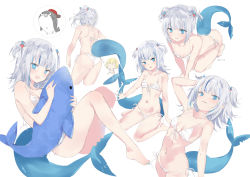Rule 34 | 2girls, arm behind head, arm up, armpit peek, armpits, ass, back, bare arms, bare back, bare legs, bare shoulders, barefoot, bikini, blonde hair, bloop (gawr gura), blue eyes, blue hair, blue nails, blunt bangs, blush, breasts, cleavage, collarbone, commentary, dated, double bun, english commentary, fins, fish tail, frilled bikini, frills, front-tie bikini top, front-tie top, gawr gura, grin, hair bun, hair ornament, halterneck, highres, holding, holding toy, hololive, hololive english, kogeneko, looking at viewer, medium hair, multicolored hair, multiple girls, multiple views, nail polish, navel, open mouth, parted lips, shark girl, shark hair ornament, shark tail, sharp teeth, side-tie bikini bottom, sidelocks, silver hair, simple background, sitting, small breasts, smile, sparks, stomach, streaked hair, stuffed animal, stuffed shark, stuffed toy, swimsuit, tail, teeth, thighs, toenail polish, toenails, toy, two side up, virtual youtuber, watson amelia, white background, white bikini
