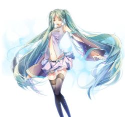 Rule 34 | 1girl, belt, detached sleeves, closed eyes, green hair, hatsune miku, long hair, navel, open mouth, rituiti, skirt, solo, thighhighs, twintails, very long hair, vocaloid