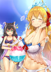Rule 34 | 2girls, ahoge, animal, animal ear fluff, animal ears, bare shoulders, beach, bikini, bird, black hair, blonde hair, blush, bow, braid, breast envy, breasts, cat ears, cleavage, closed eyes, closed mouth, cloud, commentary request, day, facing viewer, food, foodgasm, gluteal fold, green eyes, hair bow, hair ribbon, halterneck, highres, holding, holding food, holding spoon, karyl (princess connect!), karyl (summer) (princess connect!), large breasts, long hair, low twintails, multicolored hair, multiple girls, navel, ocean, open mouth, outdoors, pecorine (princess connect!), pecorine (summer) (princess connect!), princess connect!, purple bikini, purple bow, red ribbon, ribbon, shaded face, shaved ice, shiny skin, shitou (1992116210), side-tie bikini bottom, side-tie bottom, small breasts, smile, spoon, standing, streaked hair, swimsuit, tareme, tiara, twintails, very long hair, white bikini, white hair