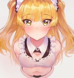 Rule 34 | 1girl, alternate costume, arms behind back, bad id, bad pixiv id, bare shoulders, black panties, blonde hair, blush, bow, breasts, closed mouth, collarbone, collared shirt, crop top, cropped torso, enmaided, eyelashes, green eyes, hair bow, hair ornament, highres, idolmaster, idolmaster cinderella girls, jougasaki rika, long hair, looking at viewer, maid, maid headdress, midriff, navel, panties, rorona s., shirt, simple background, small breasts, solo, stomach, twintails, two side up, underwear