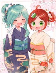 Rule 34 | 1boy, 1girl, ahoge, alternate costume, andou ringo, aqua hair, artist name, asymmetrical bangs, asymmetrical hair, blue kimono, blush, bow, character hair ornament, cherry blossoms, closed eyes, clothes grab, colored eyelashes, curly hair, drill hair, drill ponytail, drooling, ecolo (puyopuyo), egasumi, floral print, gloves, green eyes, hair bow, hair ornament, han&#039;eri, highres, japanese clothes, kanzashi, kimono, long hair, long sleeves, looking at viewer, mouth drool, obiage, obidome, obijime, open mouth, ponytail, puyo (puyopuyo), puyopuyo, red hair, shinonome pinano, sidelocks, simple background, sleeve grab, smile, twitter username, unusual ecolo, v, white gloves, wide sleeves, yellow kimono