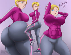 Rule 34 | 1girl, android 18, ass, blonde hair, blue eyes, breasts, clothes, dragon ball, dragon ball super, dragon ball super super hero, ear piercing, female focus, gradient background, highres, huge ass, looking at viewer, looking back, magnificentsexygals, medium hair, piercing, short hair, solo
