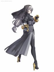 Rule 34 | 1girl, bandaid, bandaid on face, bandaid on nose, blue eyes, blush, clenched hand, closed mouth, elbow pads, golden gun, grey hair, gun, high heels, highres, long hair, miv4t, nun, original, pouch, simple background, solo, standing, weapon, white background