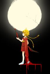 Rule 34 | 1other, androgynous, antenna hair, baila kuangzi, blonde hair, blood, bow, bow (weapon), braid, cape, chinese commentary, commentary request, full moon, hair bow, hakama, hakama skirt, heart antenna hair, highres, holding, holding bow (weapon), holding weapon, japanese clothes, len&#039;en, long hair, moon, ooama no ake no mitori, other focus, red bow, red cape, red hakama, skirt, solo, twin braids, weapon