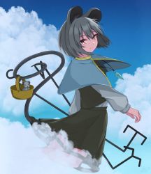 Rule 34 | 1girl, animal ears, basket, blue capelet, blue sky, capelet, closed mouth, cloud, commentary request, crystal, dowsing rod, feet out of frame, flat chest, flying, grey hair, grey skirt, grey vest, hair between eyes, holding, jewelry, long sleeves, looking at viewer, mashiba lei, mouse (animal), mouse ears, mouse girl, mouse tail, nazrin, orange eyes, pendant, shirt, short hair, skirt, skirt set, sky, smile, solo, tail, touhou, vest, white shirt