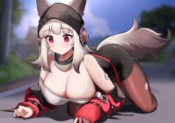 Rule 34 | 1girl, absurdres, all fours, animal ears, arknights, ass, bare shoulders, black headwear, black skirt, blue sky, breasts, brown pantyhose, cleavage, cloud, commentary request, day, dishui tangni, fox ears, fox tail, frostleaf (arknights), grey hair, highres, jacket, large breasts, long hair, off shoulder, pantyhose, pencil skirt, red eyes, skirt, sky, solo, tail, thighs, torn clothes, torn pantyhose